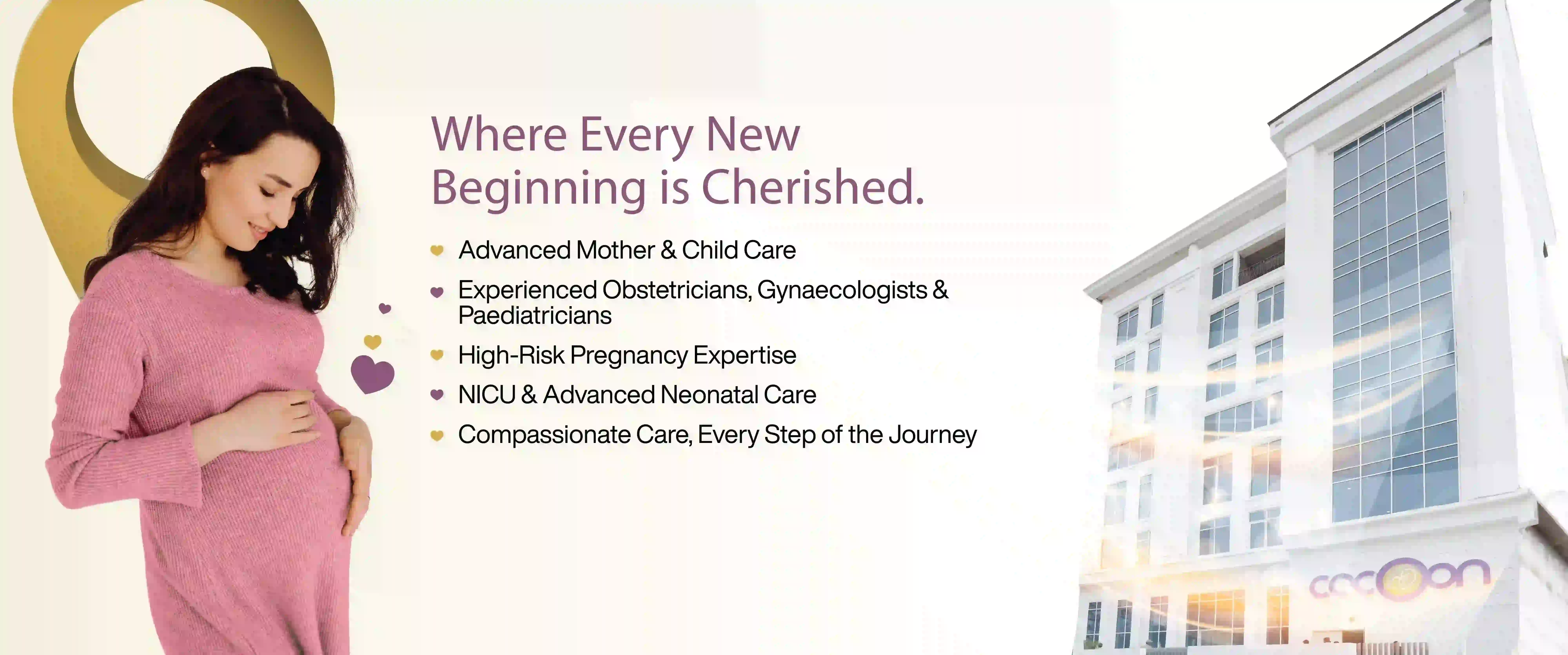 Pregnant woman and Cocoon Hospital building with maternity care features